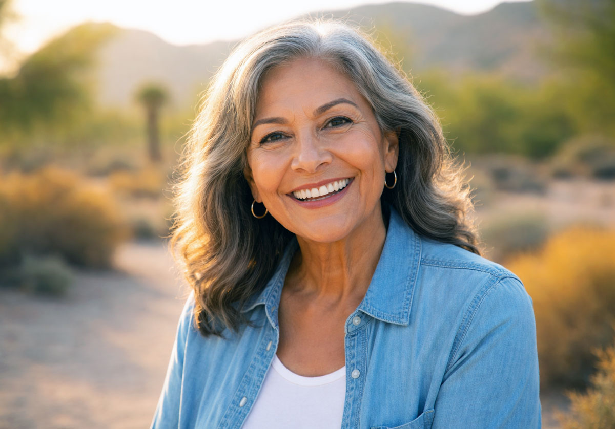Hispanic woman in her late 60s standing in a sunny desert park, representing early signs of cataracts awareness and care at Wellish Abrams Vision Institute