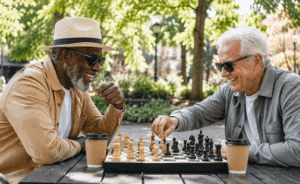 Two senior men playing chess in the park after learning more about cataract surgery costs from Wellish Abrams Vision Institute in Las Vegas and Henderson, Nevada.