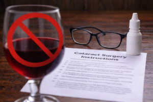 Cataract surgery preparation reminder to avoid alcohol before surgery at Wellish Abrams Vision Institute