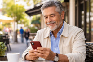Senior man reading his phone clearly after cataract surgery at Wellish Abrams Vision Institute, demonstrating how to prepare for cataract surgery and improved vision outcomes