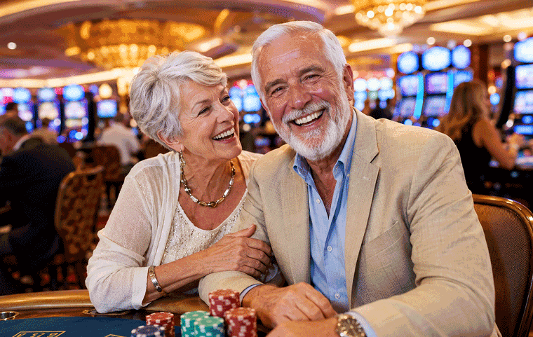 Senior couple laughing together at a Las Vegas casino, illustrating active lifestyle goals discussed in cataract surgery questions at Wellish Abrams Vision Institute.