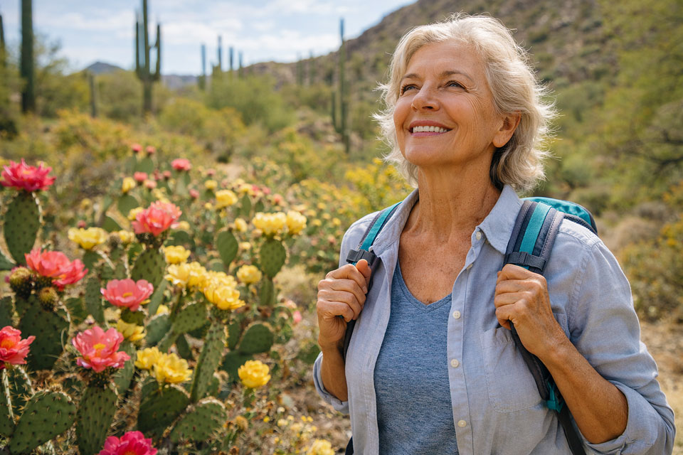 woman happily hiking through a lush desert preserve with colorful cactus blossoms, representing active life after getting help for Chronic Dry Eye Causes and Treatments at Wellish Abrams Vision Institute