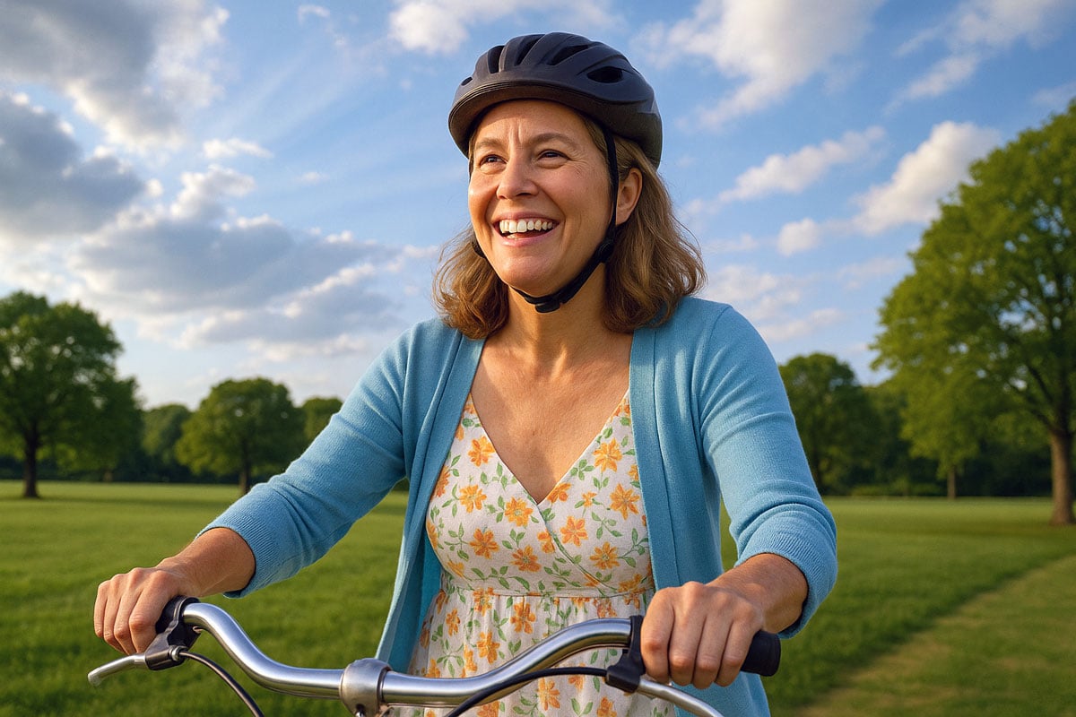 Middle aged woman in a floral sundress and blue cardigan riding her bike in the park with a helmet on, smiling and enjoying clear vision after dealing with contact lens intolerance and how to relieve it at Wellsih Abrams Vision INstitute