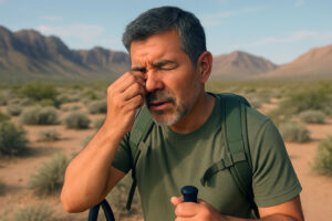 middle aged half Hispanic man hiking in the Las Vegas desert rubbing his eyes from dry eye symptoms in the hot dry climate, learn more at Wellsih Abrams Vision Institute