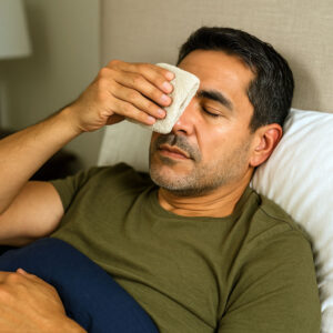 Middle aged half Hispanic man lying in bed holding a warm compress over his eye for relief from dry eye symptoms with help from Wellish Abrams Vision Institute