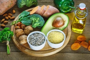 Foods rich in vitamin E, including nuts, seeds, and avocado, to support eye health.
