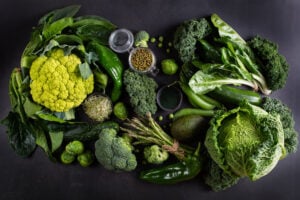Fresh green vegetables rich in lutein and zeaxanthin to support eye health and macular function.