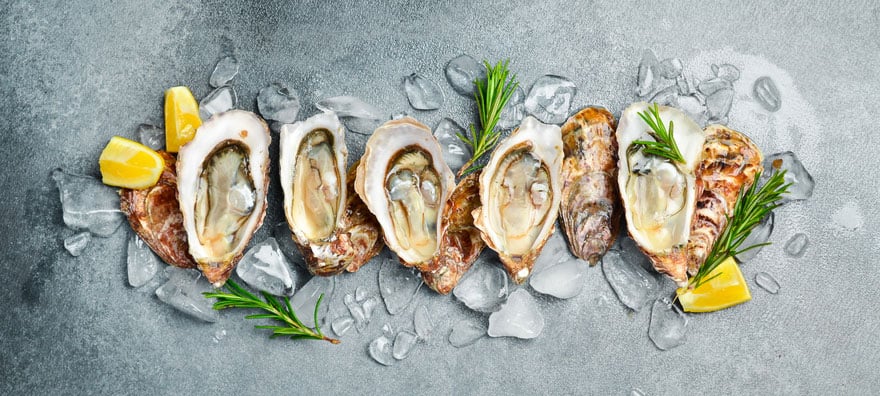Fresh oysters on ice, a zinc-rich food that supports eye health and retinal function.