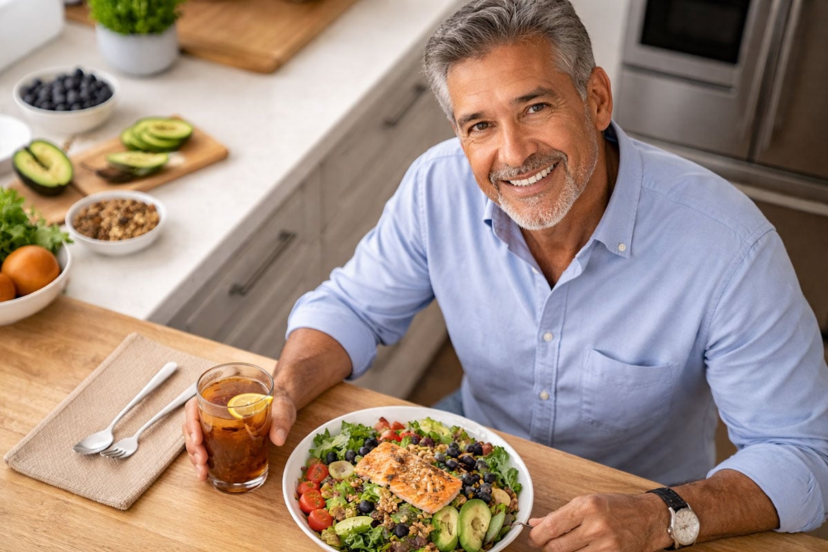 vitamins for eye health as a handsome middle aged Hispanic man enjoys an eye healthy lunch with iced tea in his modern kitchen after guidance from M & M Eye Institute