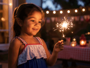 Young Hispanic child holding a sparkler at dusk, highlighting fireworks eye safety for family celebrations.