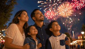 Hispanic family watching fireworks overhead at night, highlighting fireworks eye safety during family celebrations.