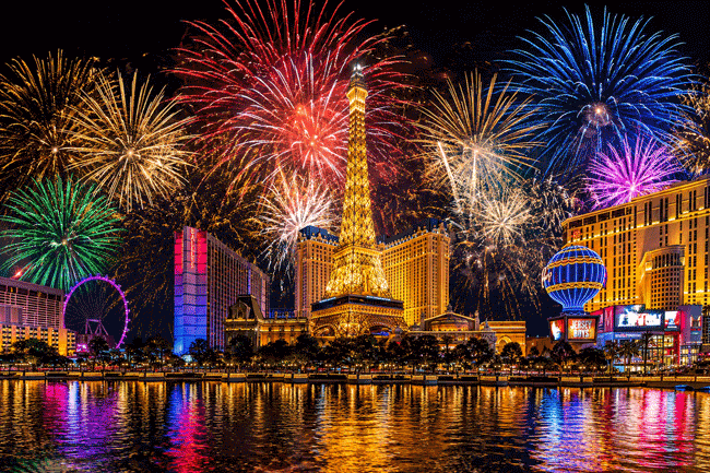 Colorful fireworks bursting over the Las Vegas Strip at night, highlighting fireworks eye safety for holiday celebrations.