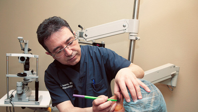 Dr. Abrams reviews eyelid anatomy with a patient to plan cosmetic eye procedures in Las Vegas