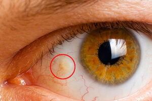 bump on eye — close-up of a pinguecula, a small yellowish bump on the white of the eye near the cornea