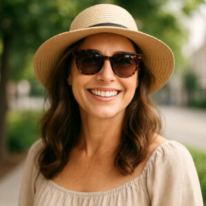 bump on eye, smiling woman wearing sunglasses and a brimmed hat outdoors, candid fashion style