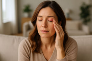 bump on eye, candid photo of a woman with a swollen painful eyelid in a well lit upscale living room