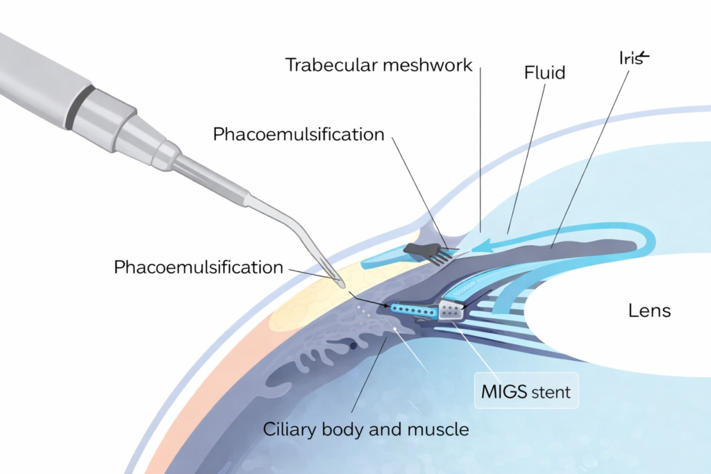Diagram showing minimally invasive glaucoma surgery (MIGS) to improve eye fluid drainage