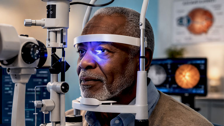 Patient undergoing eye pressure test using a slit lamp