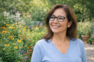 Hispanic woman in her garden wearing glasses to treat her astigmatism form Wellsih Abrams Vision Insitiute.