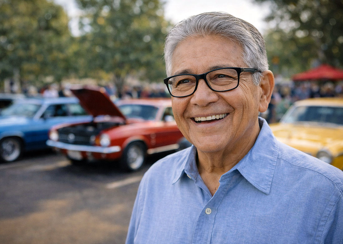 Hispanic man enjoying a local car show after getting treatment for his astigmatism at West Texas Vision Institute.