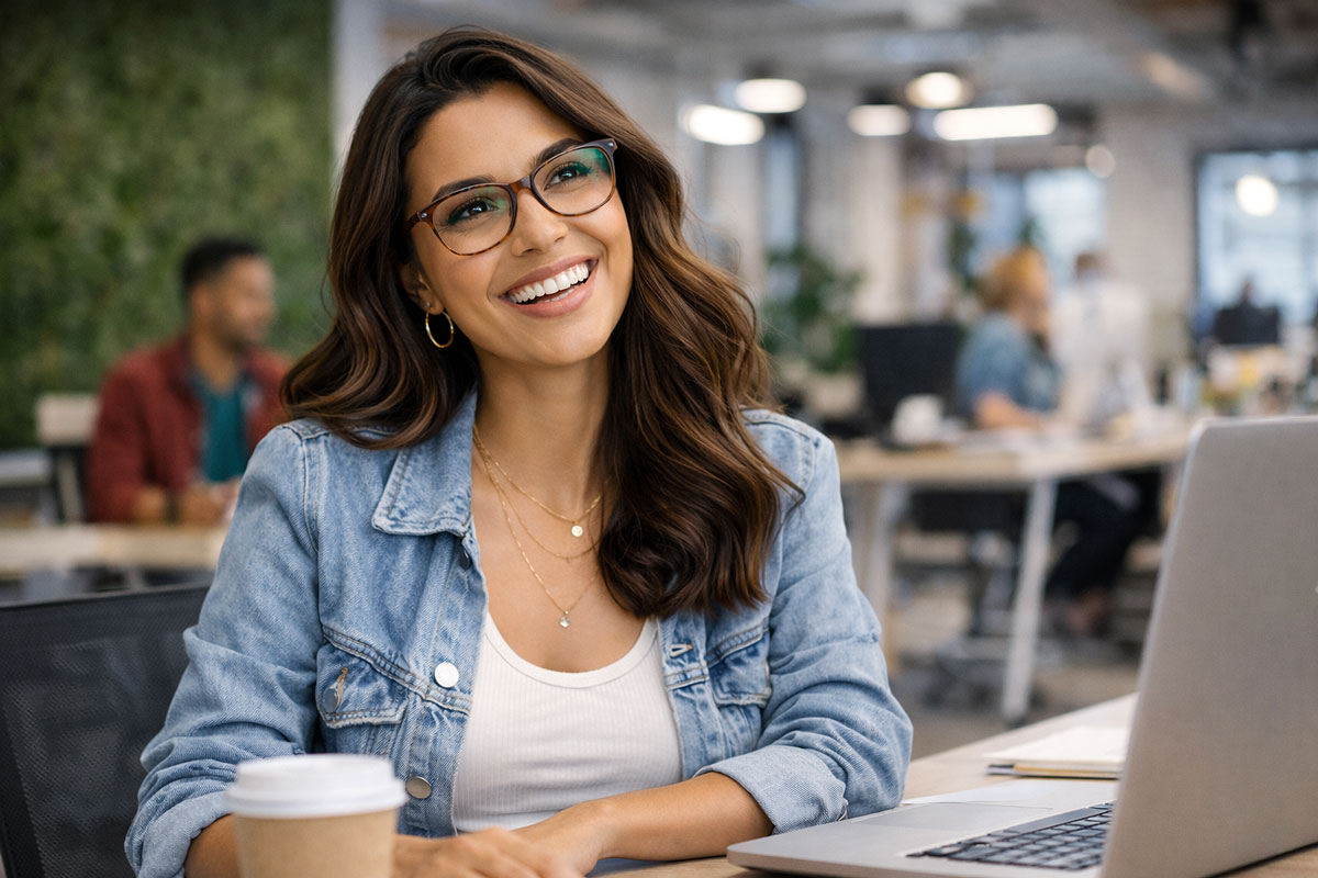 Younger Millenial at her office after learning her options on myopia treatment at Werllish Abrams Vision Institute in Las Vegas, Nevada.