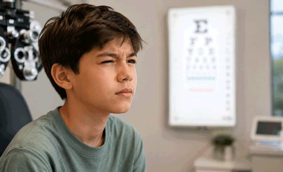 Child squinting toward a blurry eye chart in an exam room, representing common myopia symptoms discussed in Wellish Abrams Vision Institute’s myopia treatment guide.