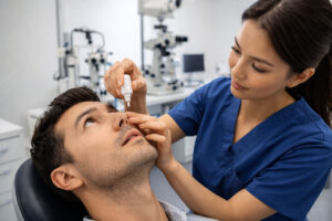 Nurse applying dilation drops for the eye exam to determine what myopia treatment that woudl be best at Wellish Abrams Vision Institute in Las Vegas, Nevada.