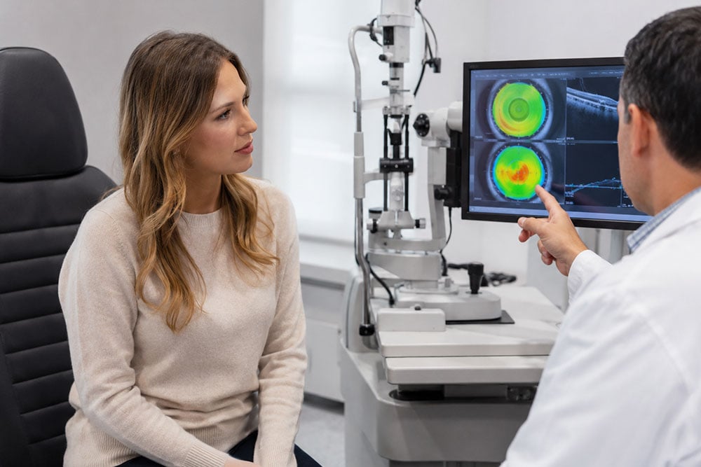 Patient at a LASIK consultation reviewing eye scan results with an eye doctor at Wellish Abrams Vision Institute