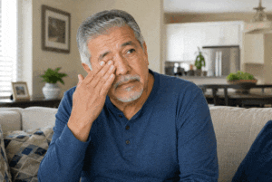 Senior man experiencing eye soreness during the cataract surgery recovery process with Wellish Abrams Vision Institute.