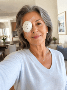 Senior woman following the proper cataract surgery recovery process and wearing her protective eye shield with Wellish Abrams Vision Institute.