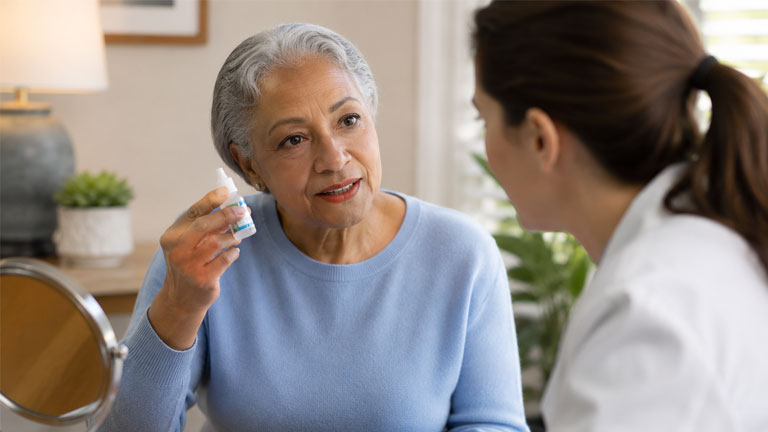 Image of a patient asking about her eye drops for glaucoma