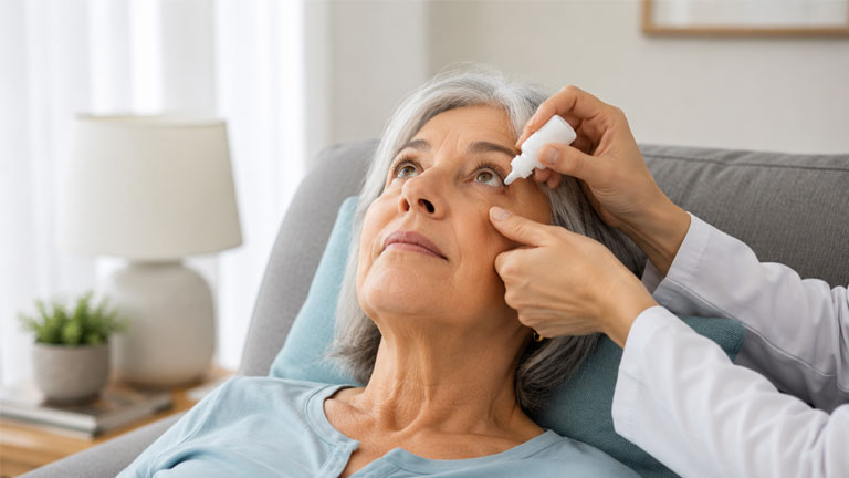 Senior patient relaxing comfortably while receiving postoperative eye drops from a healthcare professional, demonstrating routine care and recovery following glaucoma tube shunt surgery.