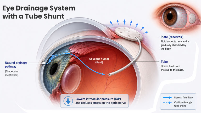 An illustration of tube shunts showing the improved aqueous fluid flow and decreased IOP