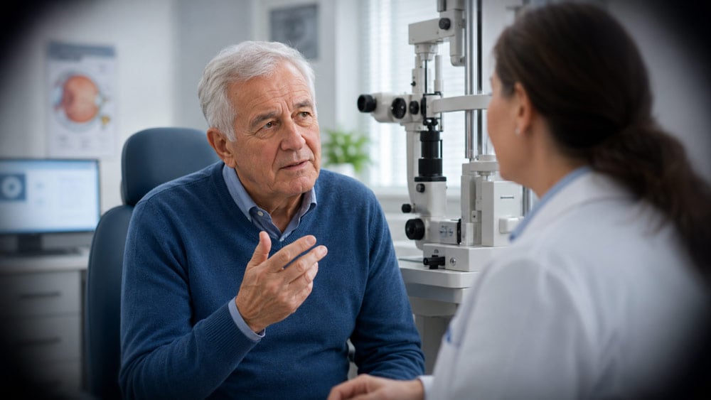 Older man discussing glaucoma concerns with an eye doctor beside a slit lamp during an eye exam.