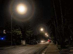 POV image of halos around street lights at night, representing a possible vision symptom that may need evaluation for glaucoma at Wellish Abrams Vision Institute.