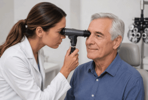 Eye doctor checking corneal thickness during an exam for high eye pressure and glaucoma at Wellish Abrams Vision Institute.