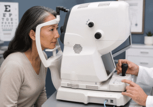 Asian senior woman having diagnostic eye imaging in an exam room to evaluate high eye pressure and glaucoma at Wellish Abrams Vision Institute.