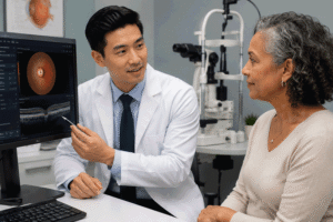 Eye doctor reviewing optic nerve imaging with a patient during a glaucoma evaluation at Wellish Abrams Vision Institute.