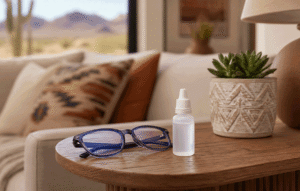 Lubricating eye drops and blue light filtering glasses on a side table in a Nevada home for night driving vision comfort.