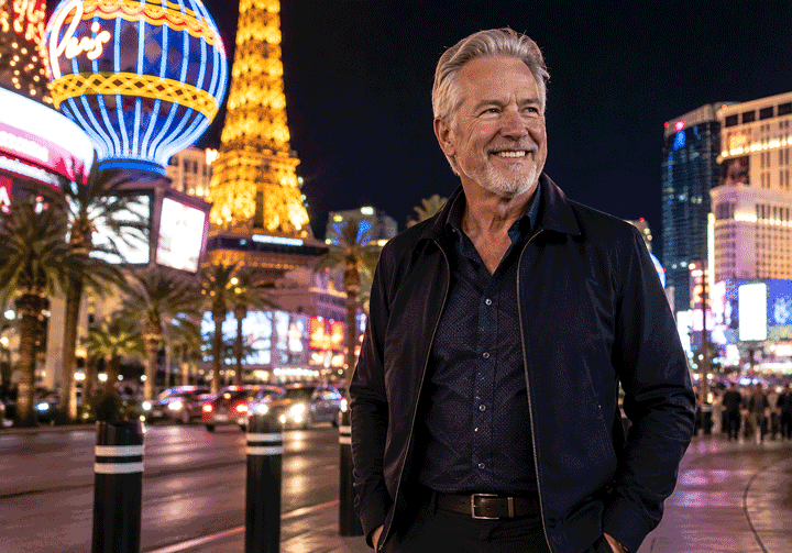 A smiling senior man walking on the Las Vegas Strip at night with bright casino lights behind him, representing night driving vision problems.