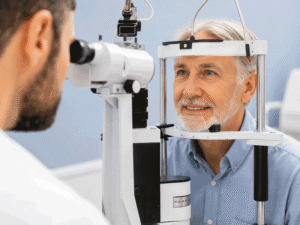 Senior man taking a slit lamp exam to find the cause of his blurred vision at Wellish Abrams Vision Institute in Las Vegas.