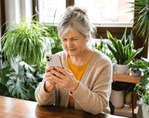 Senior woman suffering from digital eye strain from blurred vision and needs treatment at Wellish Abrams Vision Institute in Las Vegas.