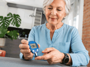 Senior woman checking her blood sugar after learning that her diabetes can cause her blurred vision; learn more at Wellish Abrams Vision Institute.
