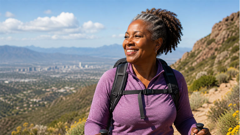 Image of a woman hiking in the desert.