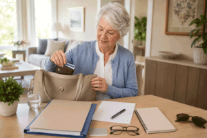 Senior patient preparing documents, glasses, sunglasses, and insurance information for a cataract evaluation at Wellish Abrams Vision Institute.