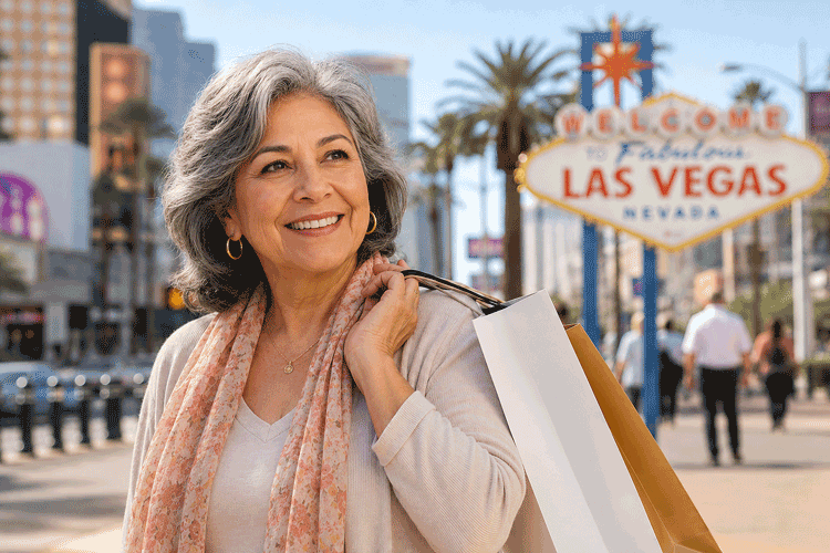 Senior Hispanic woman shopping outdoors in Las Vegas, illustrating daily-life vision goals discussed during a cataract evaluation at Wellish Abrams Vision Institute.