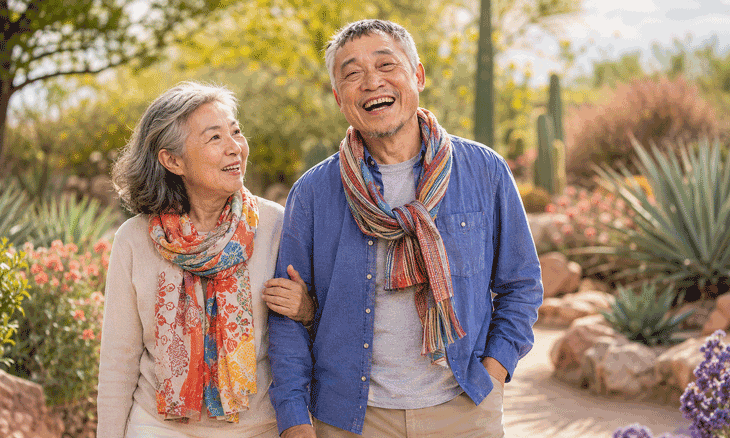 Happy senior couple walking through a desert botanical garden, illustrating lifestyle goals related to cataract lens options at Wellish Abrams Vision Institute