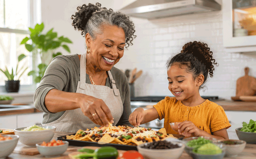 Senior Black woman making nachos with her granddaughter, supporting cataract surgery and diabetes education at Wellish Abrams Vision Institute.