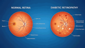 Medical comparison of a normal retina and diabetic retinopathy, supporting cataract surgery and diabetes education at Wellish Abrams Vision Institute.