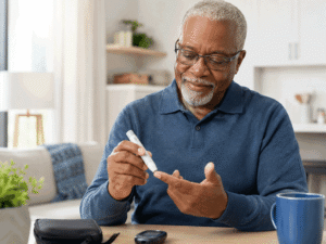 Senior Black man checking his blood sugar, supporting cataract surgery and diabetes education at Wellish Abrams Vision Institute.